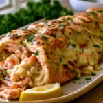 Creamy Crab and Shrimp Stuffed Salmon sliced on a platter with lemon wedges and parsley.