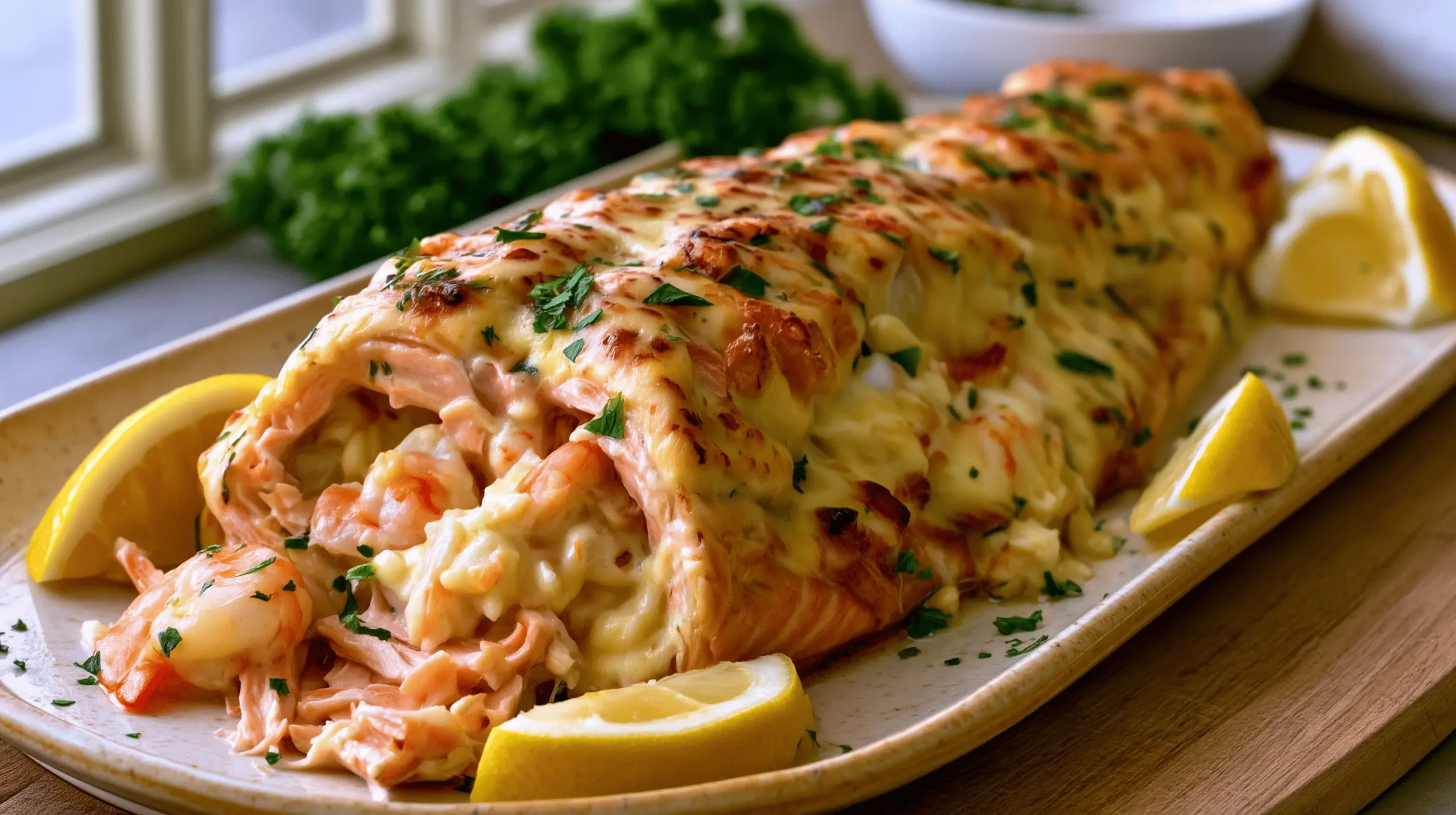 Creamy Crab and Shrimp Stuffed Salmon sliced on a platter with lemon wedges and parsley.