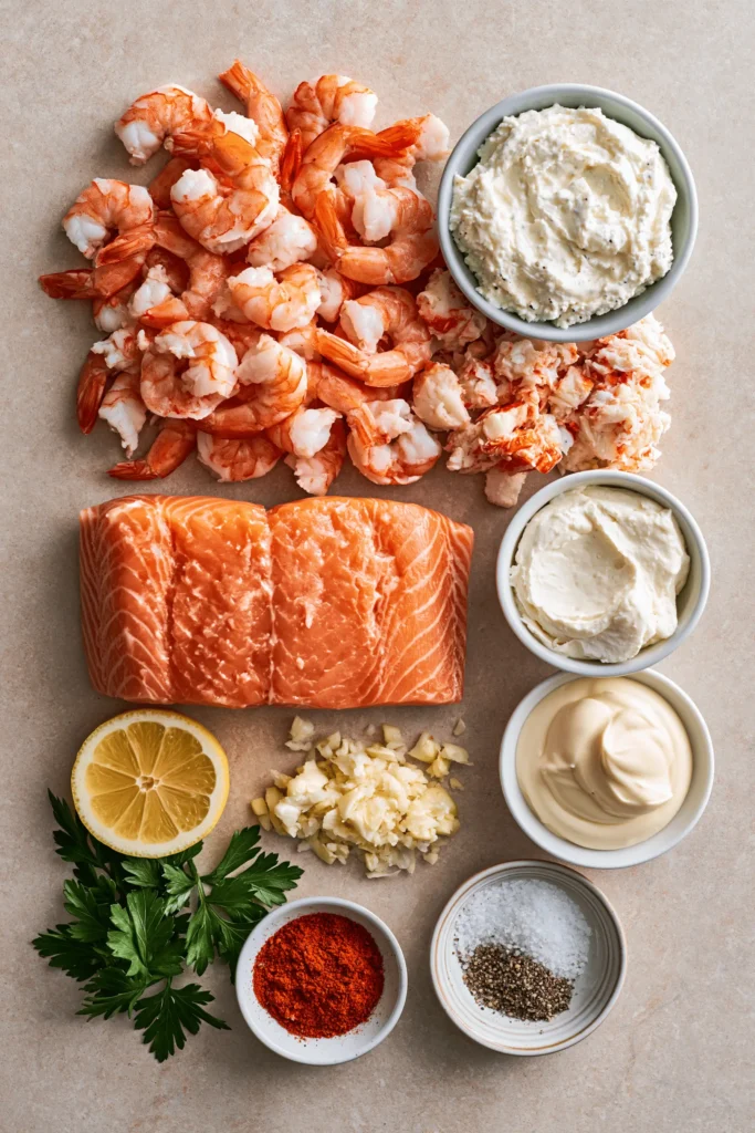 Ingredients for Creamy Crab and Shrimp Stuffed Salmon arranged on a light kitchen surface.