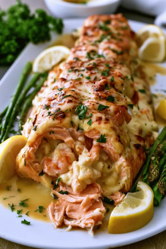 Plated Creamy Crab and Shrimp Stuffed Salmon with asparagus, lemon, and pan juices.