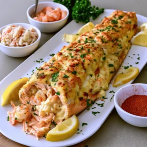 Creamy Crab and Shrimp Stuffed Salmon displayed in a clean square recipe card layout.