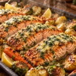 Garlic butter sheet pan salmon with roasted potatoes, carrots, Brussels sprouts, parsley, and lemon wedges.