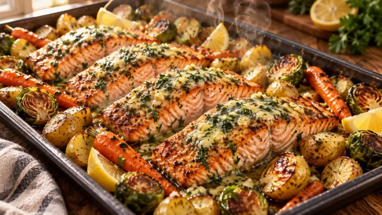 Garlic butter sheet pan salmon with roasted potatoes, carrots, Brussels sprouts, parsley, and lemon wedges.