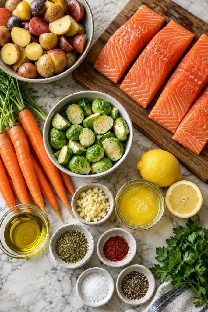 Ingredients for garlic butter sheet pan salmon including salmon, vegetables, butter, garlic, lemon, and herbs.