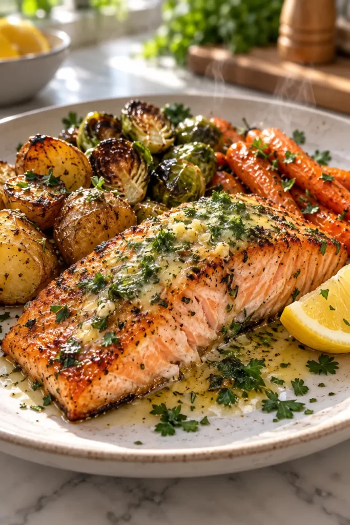 Plated garlic butter sheet pan salmon with roasted vegetables and a fresh lemon wedge.