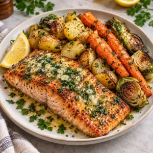 Garlic butter sheet pan salmon recipe with roasted potatoes, carrots, and Brussels sprouts.