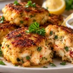 Golden Crab and Shrimp Seafood Cakes served with lemon, parsley, and dipping sauce.