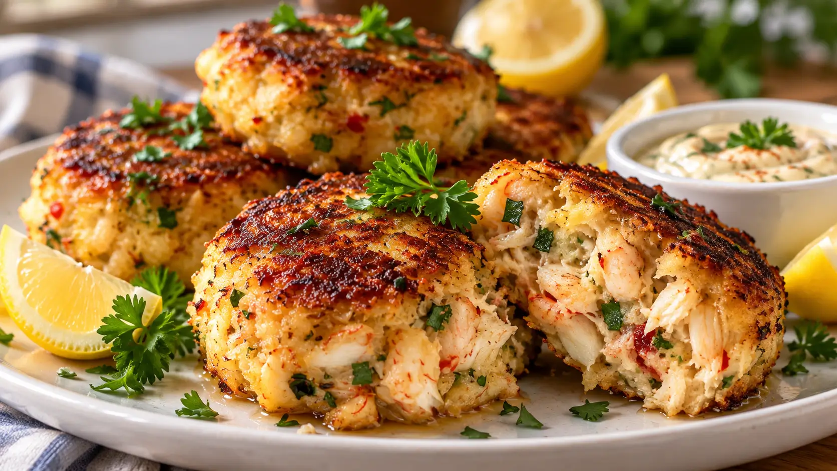 Golden Crab and Shrimp Seafood Cakes served with lemon, parsley, and dipping sauce.