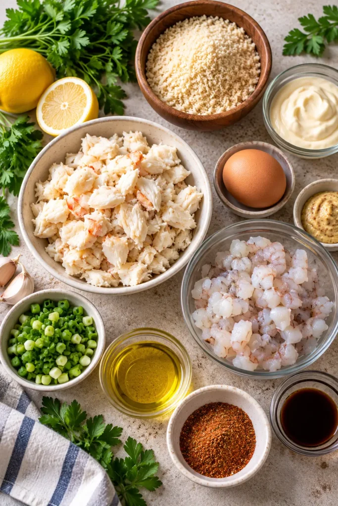Ingredients for Golden Crab and Shrimp Seafood Cakes arranged before cooking.