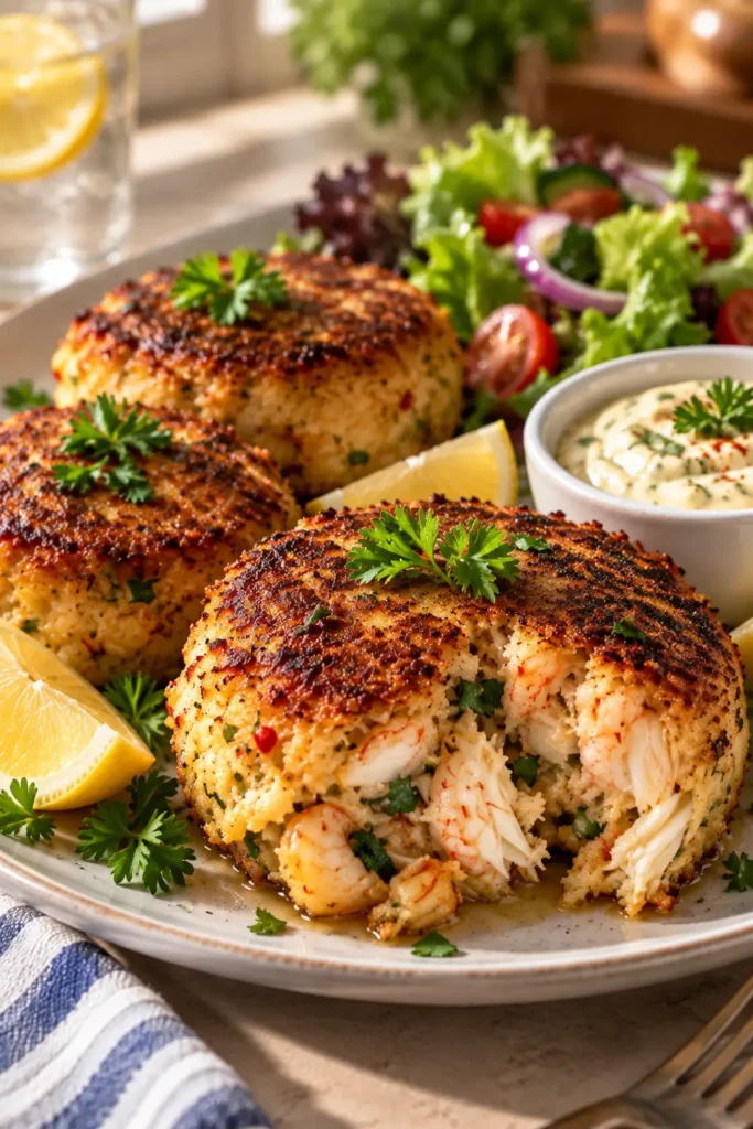 Plated Golden Crab and Shrimp Seafood Cakes with lemon wedges and sauce.
