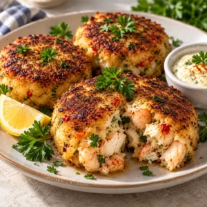 Golden Crab and Shrimp Seafood Cakes with a crisp crust and tender seafood filling.
