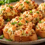 Golden Seafood Shrimp Toast Baguette Bites topped with creamy cheese, Cajun shrimp, and green onion.