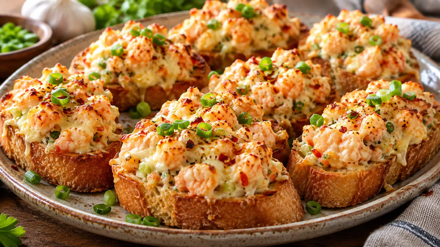 Golden Seafood Shrimp Toast Baguette Bites topped with creamy cheese, Cajun shrimp, and green onion.