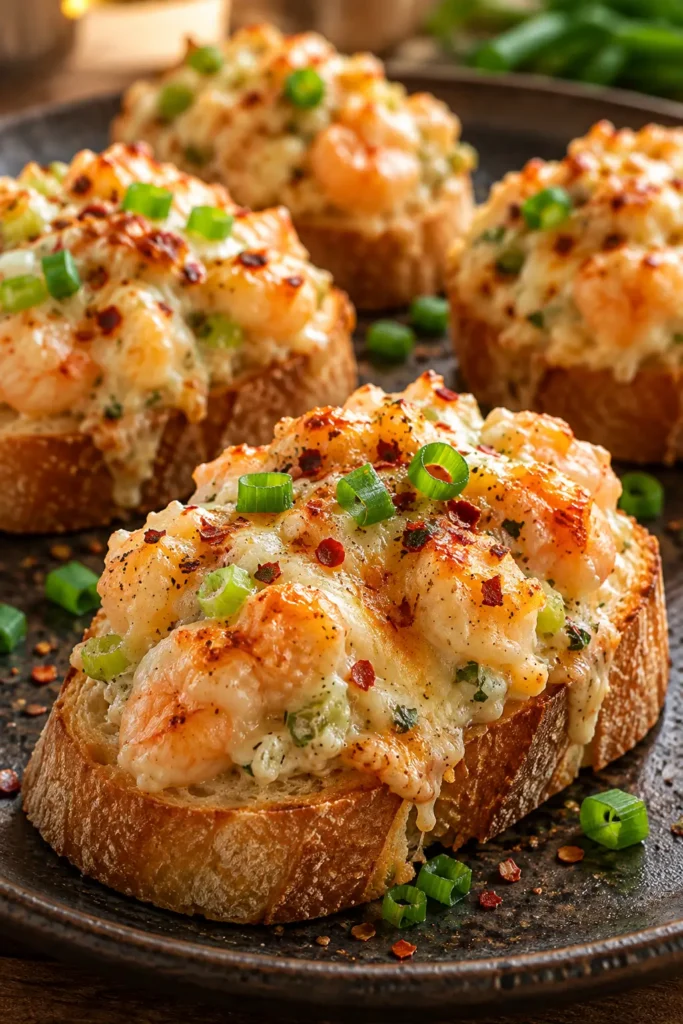 Plated golden shrimp toast baguette bites with melted cheese, red pepper flakes, and green onion.