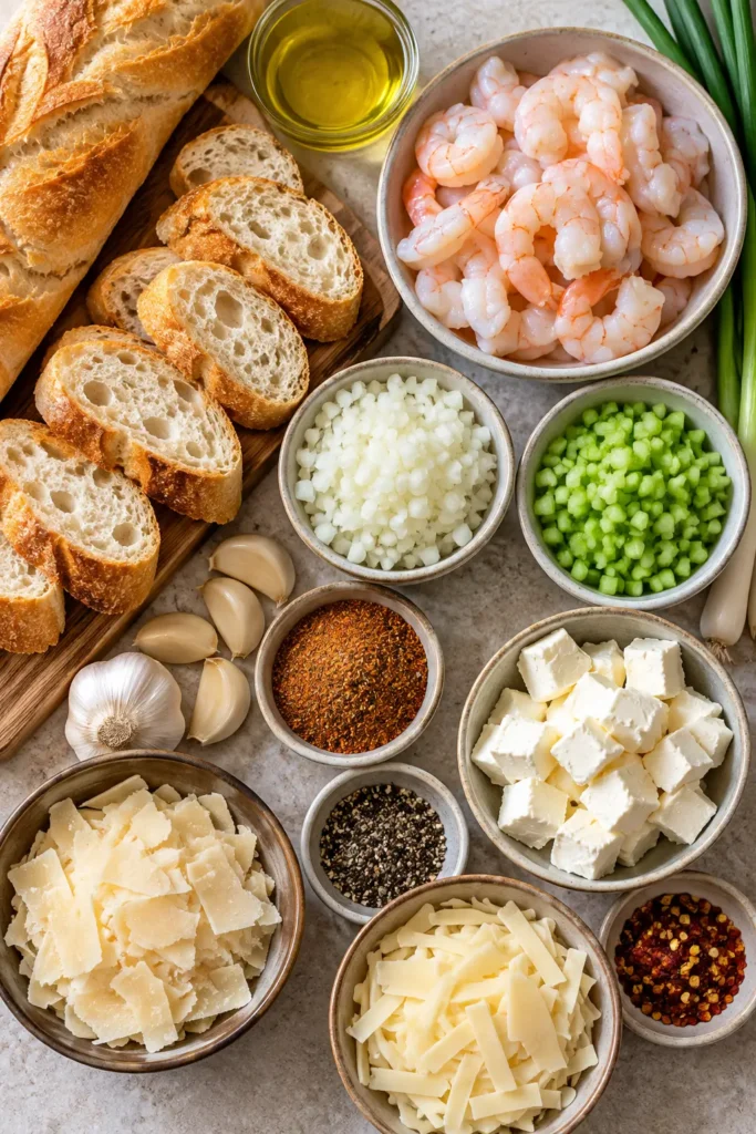 Fresh ingredients for shrimp toast baguette bites including shrimp, baguette, cheeses, garlic, and seasonings.