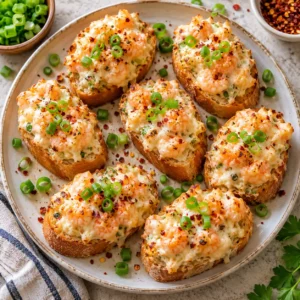 Golden shrimp toast baguette bites arranged on a serving platter with melted cheese and green onion.