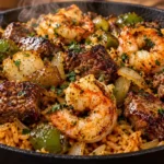 Southern Garlic Butter Seafood Skillet with shrimp, steak, peppers, onions, and glossy garlic butter rice in a cast-iron pan.