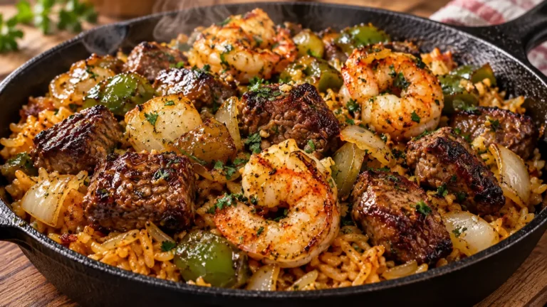 Southern Garlic Butter Seafood Skillet with shrimp, steak, peppers, onions, and glossy garlic butter rice in a cast-iron pan.