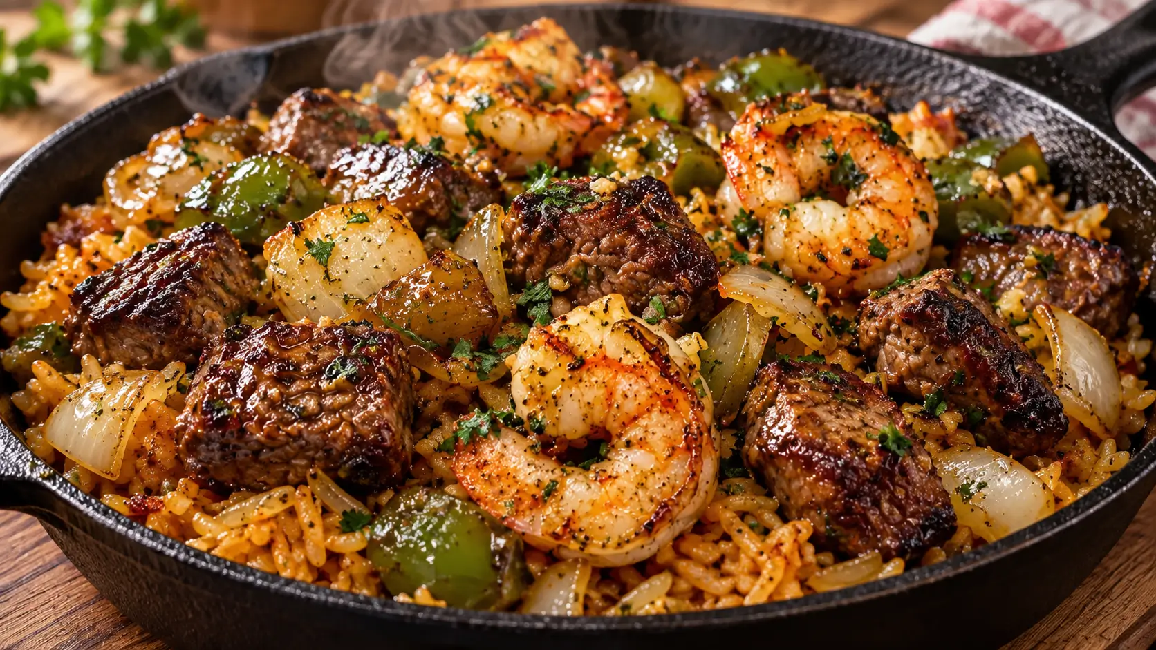 Southern Garlic Butter Seafood Skillet with shrimp, steak, peppers, onions, and glossy garlic butter rice in a cast-iron pan.