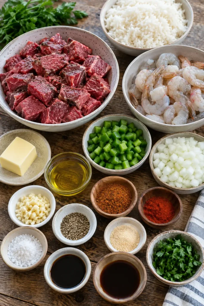 Ingredients for Southern Garlic Butter Seafood Skillet including shrimp, steak, rice, peppers, onions, butter, garlic, and Cajun spices.