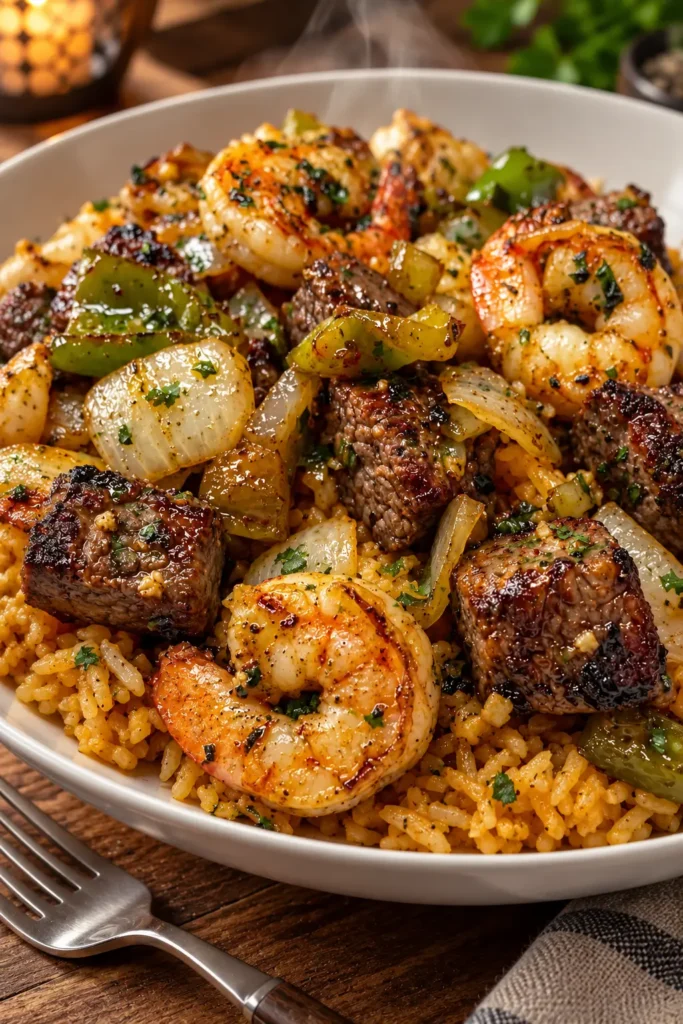 A plated bowl of Southern Garlic Butter Seafood Skillet with shrimp, steak, rice, peppers, onions, and parsley.