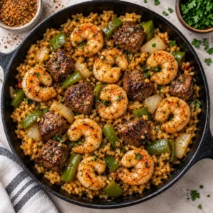 Overhead view of Southern Garlic Butter Seafood Skillet with shrimp, steak, rice, peppers, onions, and parsley.
