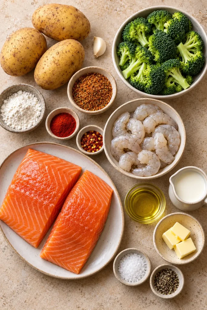 Fresh salmon, shrimp, broccoli, potatoes, garlic, milk, butter, and spices arranged for a Cajun salmon dinner.