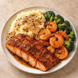 Square recipe-card photograph of Cajun salmon with garlic mashed potatoes, shrimp, broccoli, and pepper gravy.