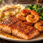 Cajun salmon with garlic mashed potatoes, creamy pepper gravy, sautéed shrimp, and tender broccoli on a dinner plate.