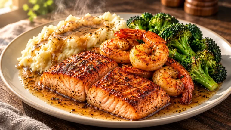 Cajun salmon with garlic mashed potatoes, creamy pepper gravy, sautéed shrimp, and tender broccoli on a dinner plate.