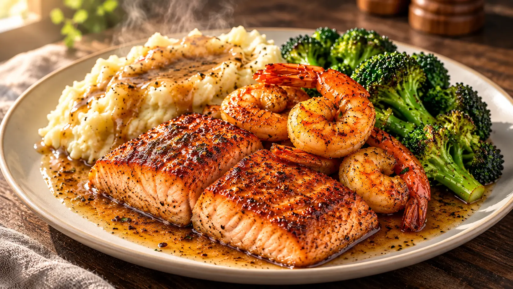 Cajun salmon with garlic mashed potatoes, creamy pepper gravy, sautéed shrimp, and tender broccoli on a dinner plate.