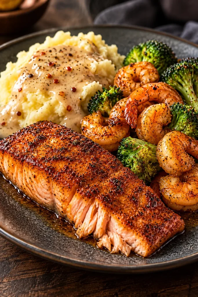 Close-up of flaky Cajun salmon with creamy garlic mashed potatoes, pepper gravy, shrimp, and broccoli.