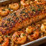 Cajun salmon tray bake with garlic butter shrimp, roasted onions, and fresh parsley in a baking dish.