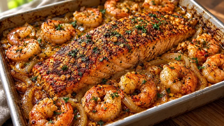 Cajun salmon tray bake with garlic butter shrimp, roasted onions, and fresh parsley in a baking dish.