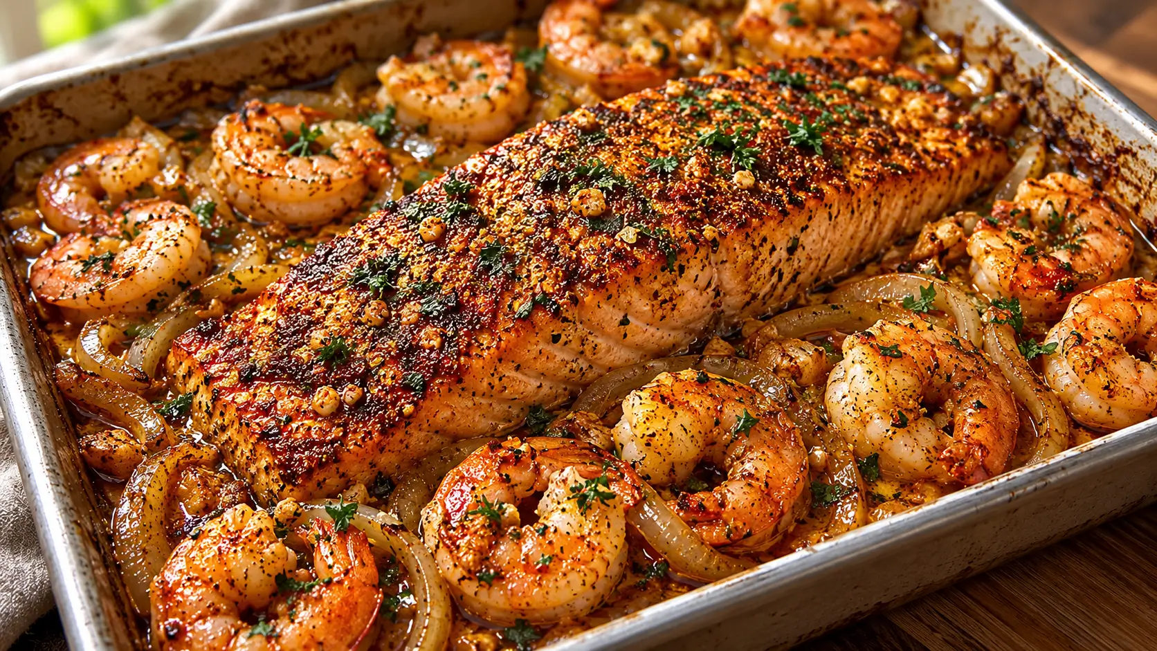 Cajun salmon tray bake with garlic butter shrimp, roasted onions, and fresh parsley in a baking dish.