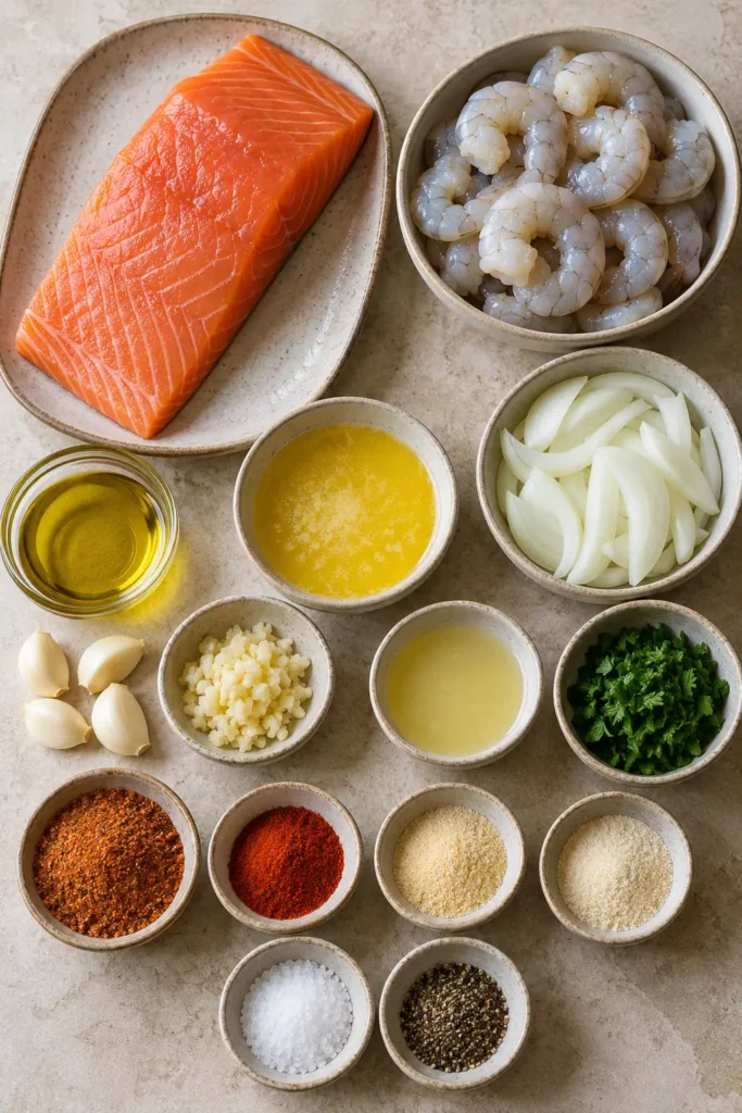 Raw salmon, shrimp, onions, garlic, butter, lemon juice, herbs, and Cajun seasonings arranged for a seafood tray bake.