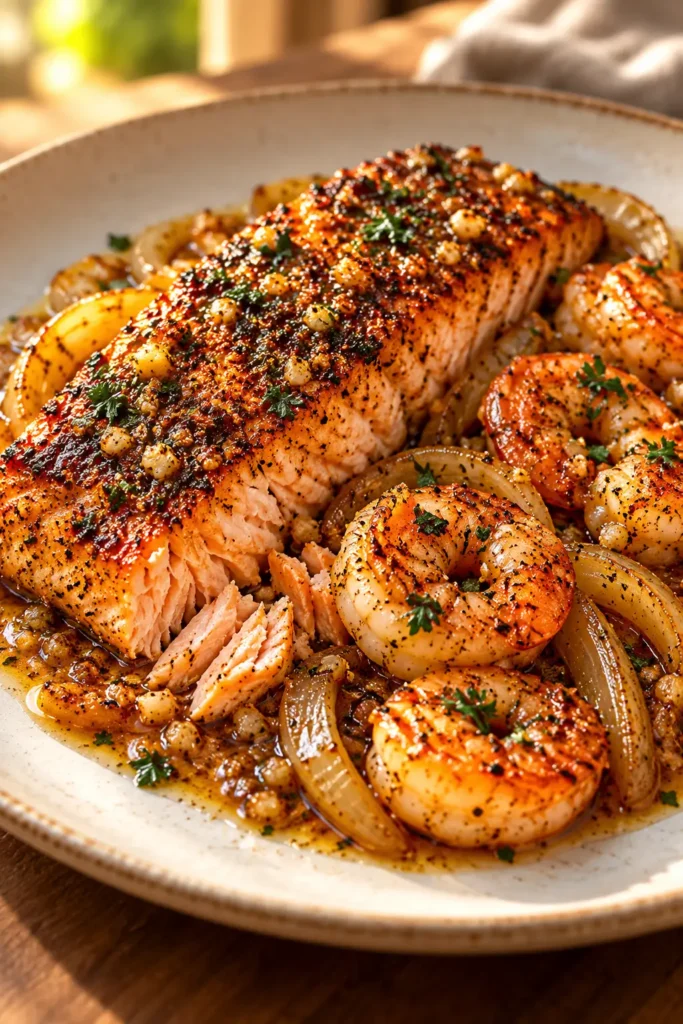 Plated Cajun salmon with garlic butter shrimp, softened onions, fresh parsley, and buttery pan juices.