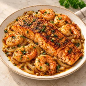 Cajun salmon and garlic butter shrimp arranged on a plate for a square seafood recipe card image.