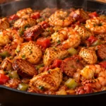 Cajun shrimp chicken and sausage skillet with vegetables in a glossy tomato sauce.