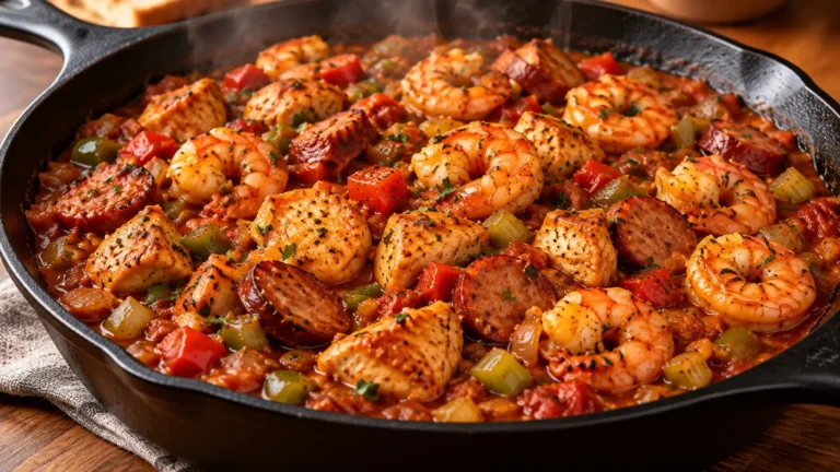 Cajun shrimp chicken and sausage skillet with vegetables in a glossy tomato sauce.