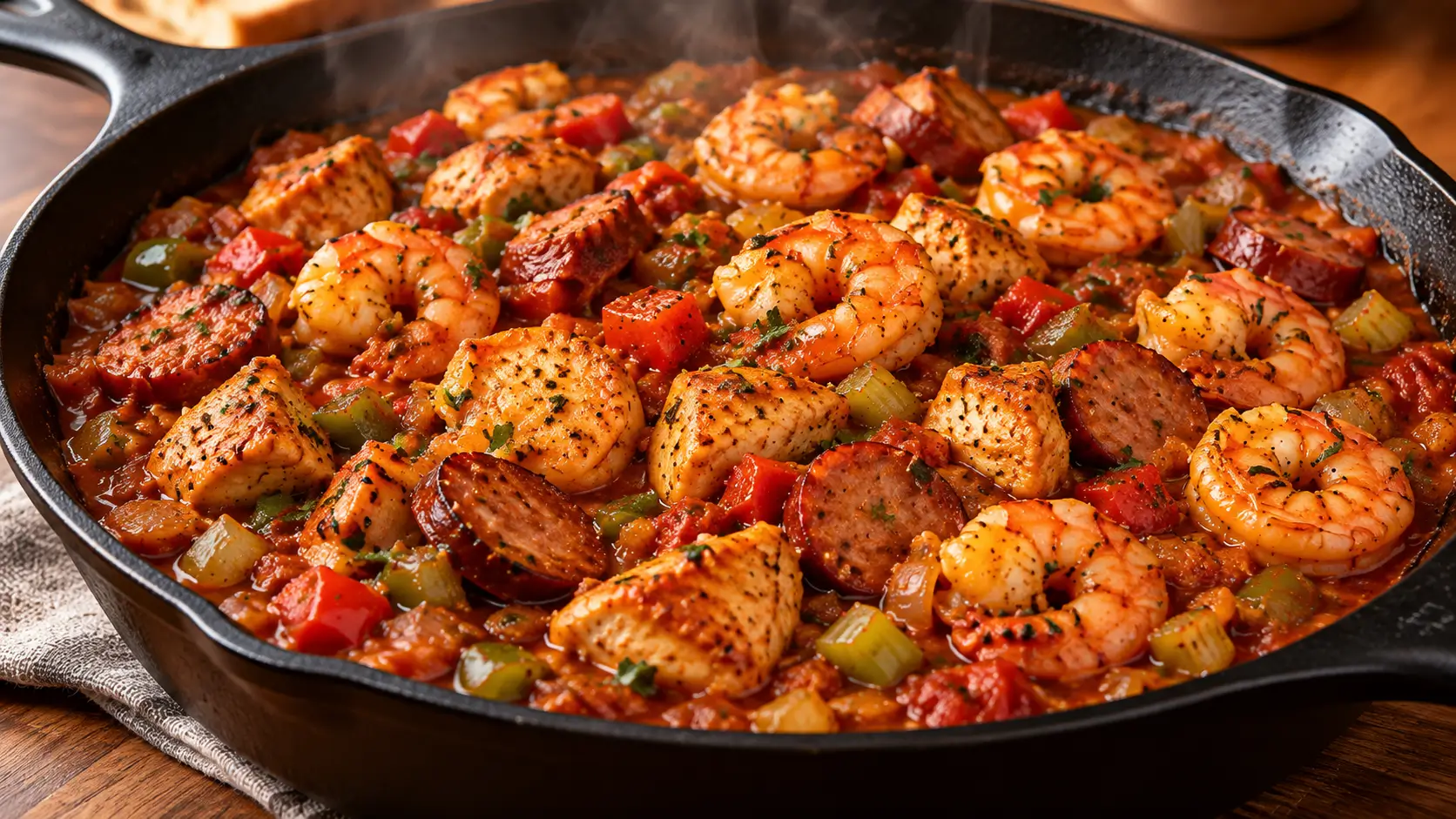 Cajun shrimp chicken and sausage skillet with vegetables in a glossy tomato sauce.