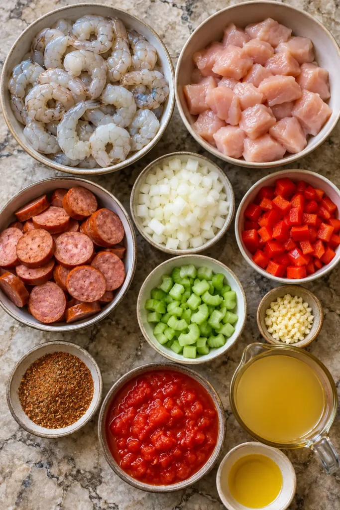 Ingredients for Cajun shrimp chicken and sausage skillet arranged for cooking.