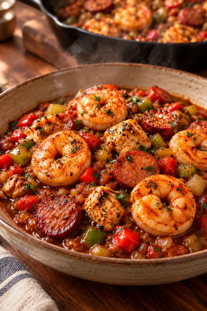 Plated Cajun shrimp chicken and sausage skillet with glossy tomato sauce.