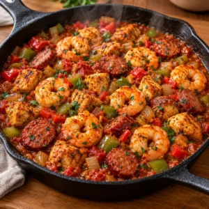 Cajun shrimp chicken and sausage skillet presented in a cast-iron pan.