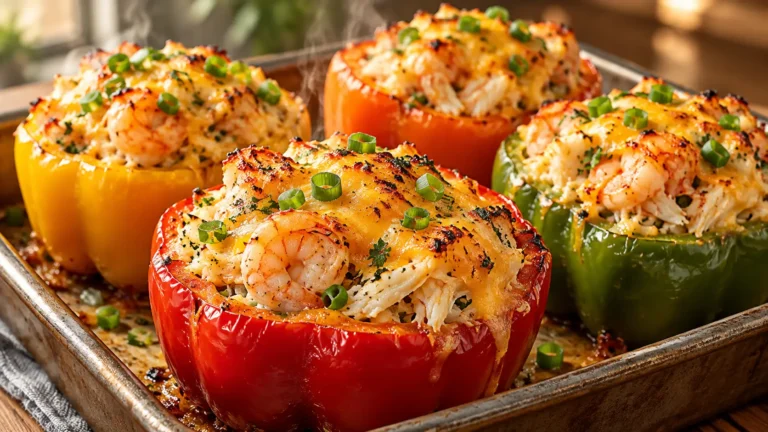 Cheesy Shrimp and Crab Stuffed Bell Peppers baked with creamy seafood filling and golden Cheddar.