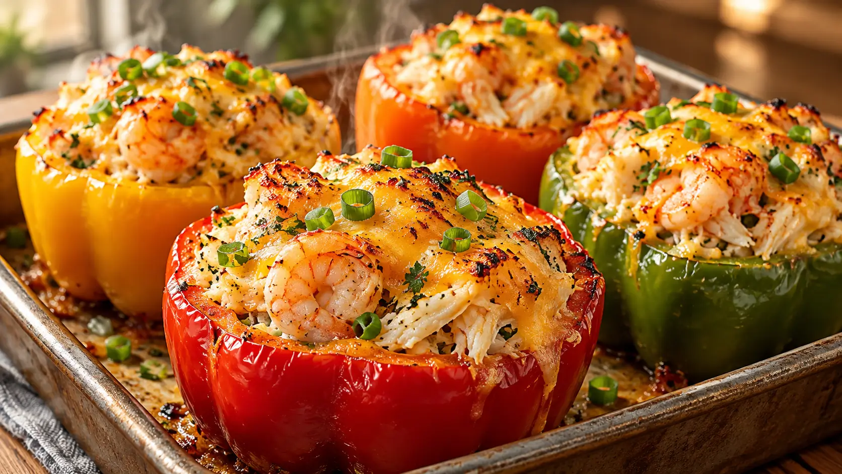Cheesy Shrimp and Crab Stuffed Bell Peppers baked with creamy seafood filling and golden Cheddar.