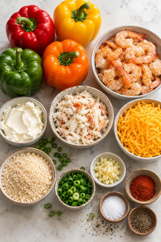 Ingredients for Cheesy Shrimp and Crab Stuffed Bell Peppers arranged on a kitchen surface.