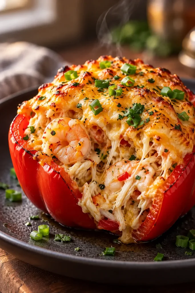 Plated Cheesy Shrimp and Crab Stuffed Bell Pepper with creamy filling and melted Cheddar.