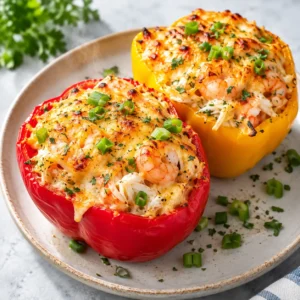 Cheesy Shrimp and Crab Stuffed Bell Peppers with golden cheese photographed for a recipe card.