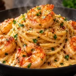 Creamy Cajun Shrimp Spaghetti with juicy seared shrimp, Parmesan cream sauce, parsley, and lemon.